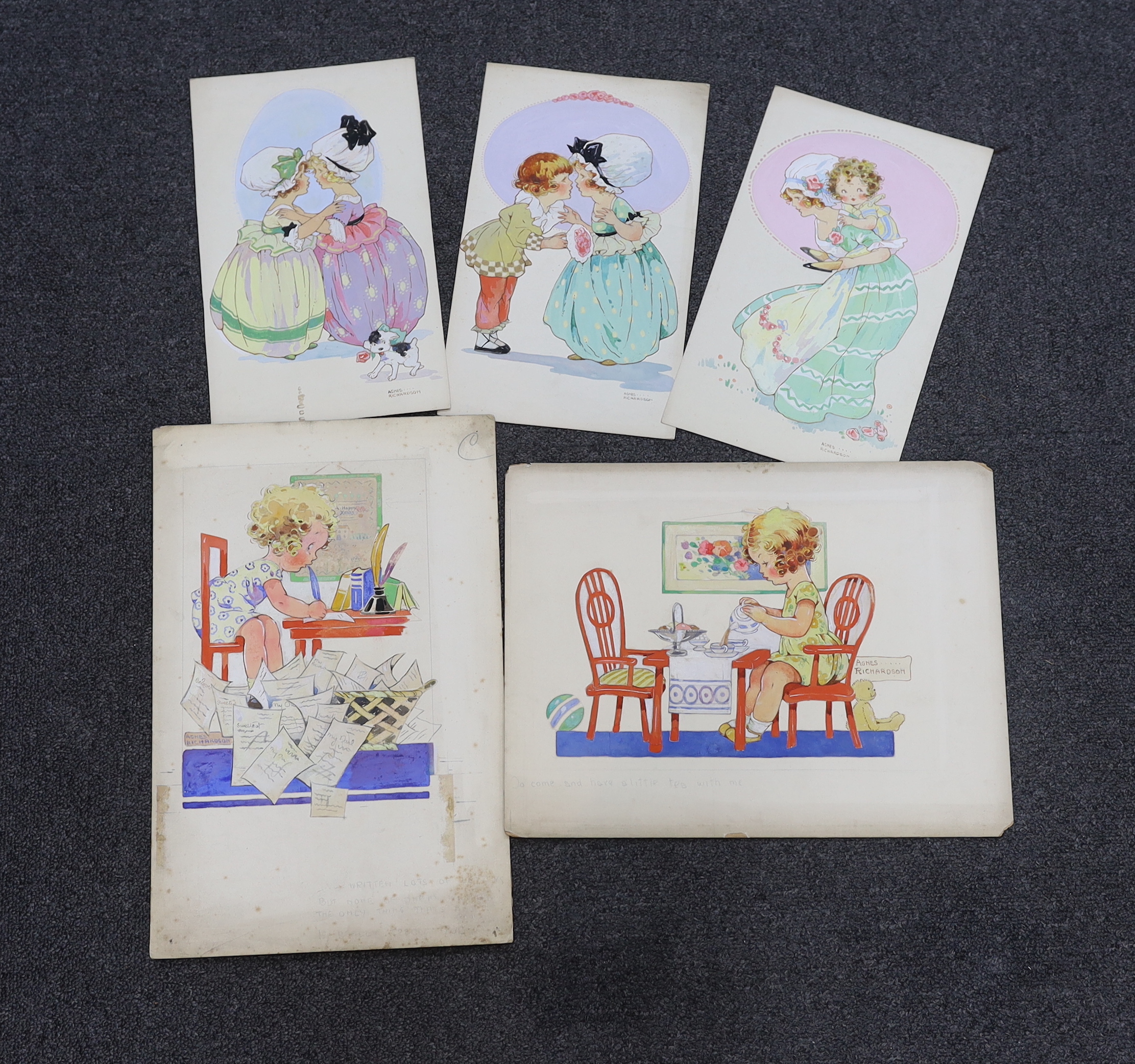 Agnes Richardson (1885-1951) five watercolours on card, Humorous children, original postcard designs, signed, 36 x 26cm, unframed